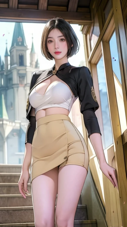 Highest quality, Official Art, masterpiece, Fabric Shading, High resolution, Very detailed, colorful, Best details, Fantasy, Combat Uniform:1.5, 1 female, Age 25, Black Hair, short hair, Up Bang Hair, One Length, Standing on the stairs, A castle town with an old castle view, sunny, Random Hair, Large Breasts, skinny, Surrounded by many people:1.9, Confetti falling, Blessed, welcome:1.5, Camel Toe:1.3, Ground level shot:,No stockings,mini skirt,