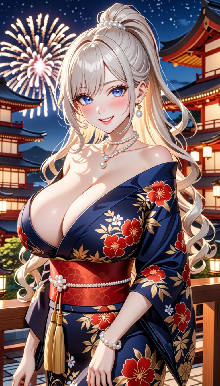 ultra-detailed, ((one girl)), (portrait), (pale skin:1.4),  fair-skinned gyaru, (Girl in black kimono),  (heavy makeup), (professional lighting) hyper detailed, absurdres, 8k, Beautiful Face, (Laugh shyly), ((teasing smile:1.2)), ((happy smile:1.4)),  ((Wink:1.4)), (Laugh with your mouth wide open),((Tilt your face:1.6)), View your viewers, ((full-face blush:1.5)), Glossy Red Lips, ((huge breasts:1.6)), undressing, ((Her clothes are off to her shoulders and her nipples are visible)), ((Her tattoo peeked through her kimono:1.2)), summer, night, Luxury resort terrace,I see fireworks, ((Anime style background)),masterpiece, Highest quality, so beautiful,Latest, Complex details, ((red long nail:1.2)), (ring),(bracelet), (Floral Choker),AI-generated, Complex,High resolution, Highest quality, super high quality,3D Images、3D Images,One person, ((Pearl White hair),Long Hair, (White high ponytail), (wavy hair:1.2)), Anime woman posing for a photo, ((Fine grain、blue eyes、glowing eyes:1.3)), (Squint your eyes:1.1),a hyperRealistic , hyperRealistic , Realistic,Anime woman with long white hair, Smooth anime CG art, ((A girl in a gorgeous black kimono:1.2)), ((black furisode:1.3)),Gold embroidery, (Large floral pattern in red color),  (sideboob), (Long red flower hair ornament),big floral earrings, Mature Body, tall,Narrow waist,((dutch angle)), ((looking forward:1.2)), ((Looking into the camera)),