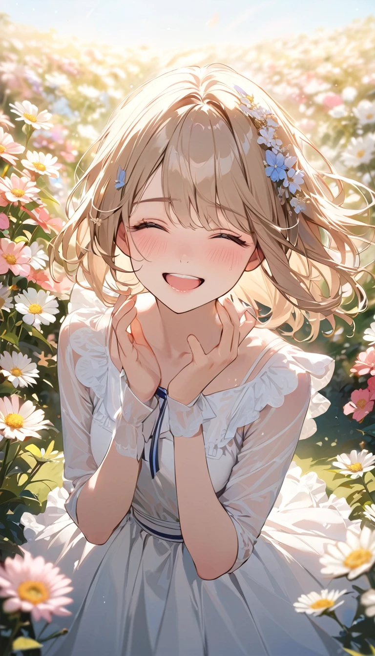 masterpiece, award winning, super detail, best quality, a woman , Full smile, Joy, ((tears of gratitude)), Eyes closed, Light-colored, neat clothing, An atmosphere of joy ,Flower Field