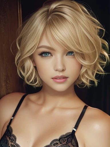 blond woman with short wavy hair, ((wearing black lingerie)), posing for a picture, blonde short wavy hair, short blonde hair, short blond hair, short blond hair, blonde and attractive features, blond bob haircut, a gorgeous blonde, medium short hair, short curly blonde haired girl, with short hair, a girl with blonde hair, short wavy blonde hair with bangs.  ((Deep green eyes, extremely long eyelashes)).  Kelly Von East.