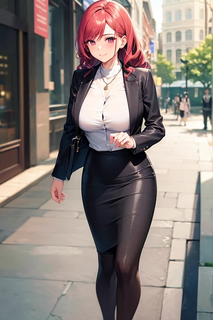 ((masterpiece, best quality, ultra-detailed)), 1girl, beautiful business woman walking in city back turned, smiling, blush, wearing pink blouse, blazer, bracelet, necklace, black midi pencil skirt, black suit skirt, heels, full body, wavy red hair, wide hips