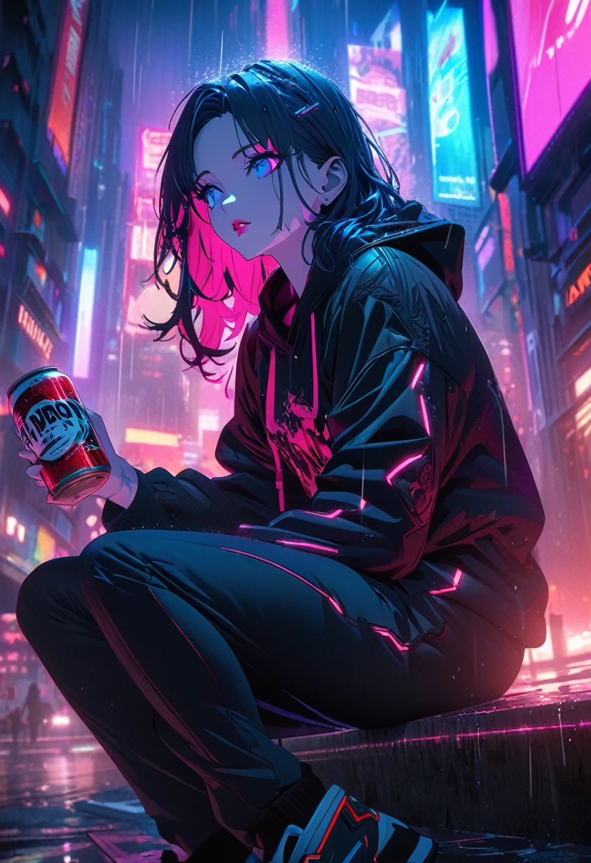 High resolution RAW color art, animation, Silver Marble Skin, (((Highly detailed elegant))), Magical atmosphere, Detailed skin, texture,(Exquisitely crafted, The finer details, Ultra-detailed art), Depth of written boundary, Silky Touch, Hyper Detail, Matte Drawing, fallen Angel,Mesh hair、Cobalt blue eyes, Elegant face,,Red eyeshadow,dior pink lips,Neon color,Neon color,Anime characters, Anime Style, Digital Cyberpunk Anime Art, modern anime, best anime 4k , artstation pixivでトレンド, Anime Style. 8k, anime cyberpunk art, modern Anime Style, Digital Cyberpunk - Anime Art, Top rated on pixiv ,rainの街,rain,Sitting down,A can of beer in one hand,In town,rain,White sneakers,Black hoodie,A can of beer in one hand,