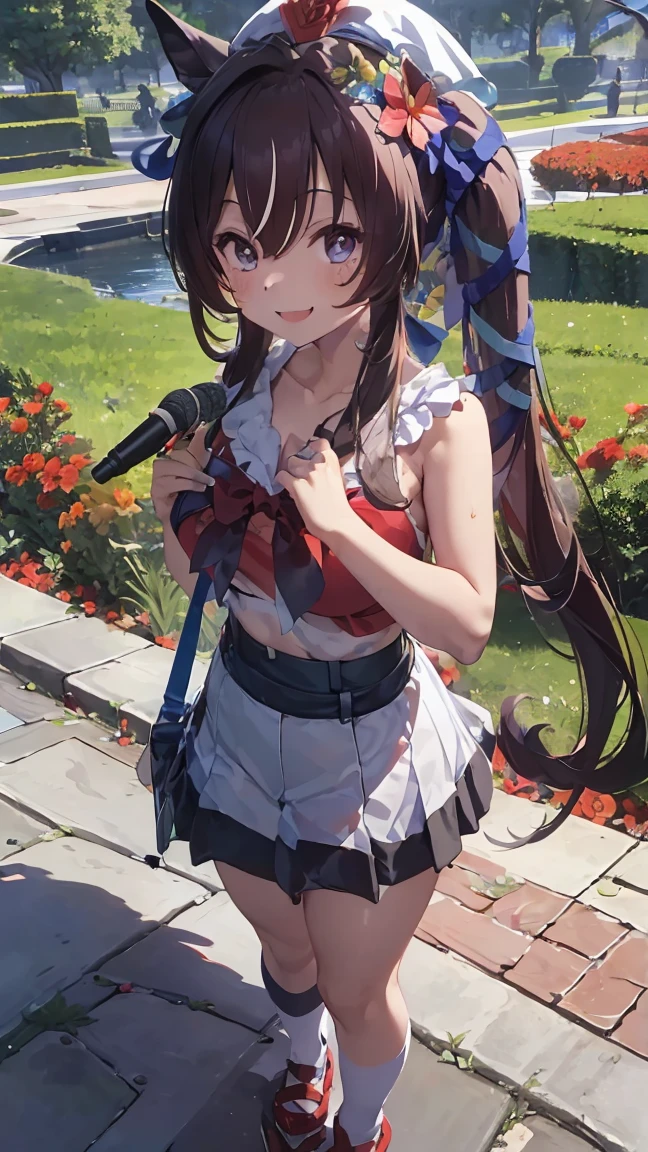 masterpiece, Highest quality, High resolution, Very detailed,(((Viblos))), (((Holding a microphone。)))、(((Red flower garden)))、(((smile)))、(((Sidewalk)))、(((singing。))), Horse ears