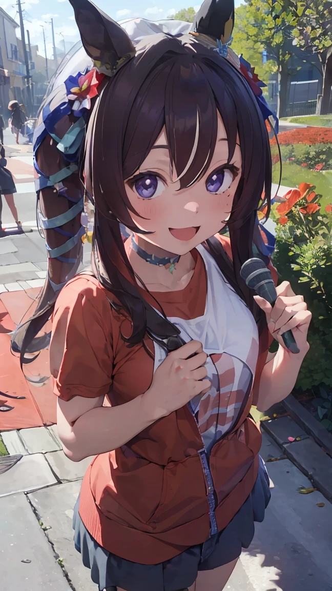 masterpiece, Highest quality, High resolution, Very detailed,(((Viblos))), (((Holding a microphone。)))、(((Red flower garden)))、(((smile)))、(((Sidewalk)))、(((singing。))), Horse ears