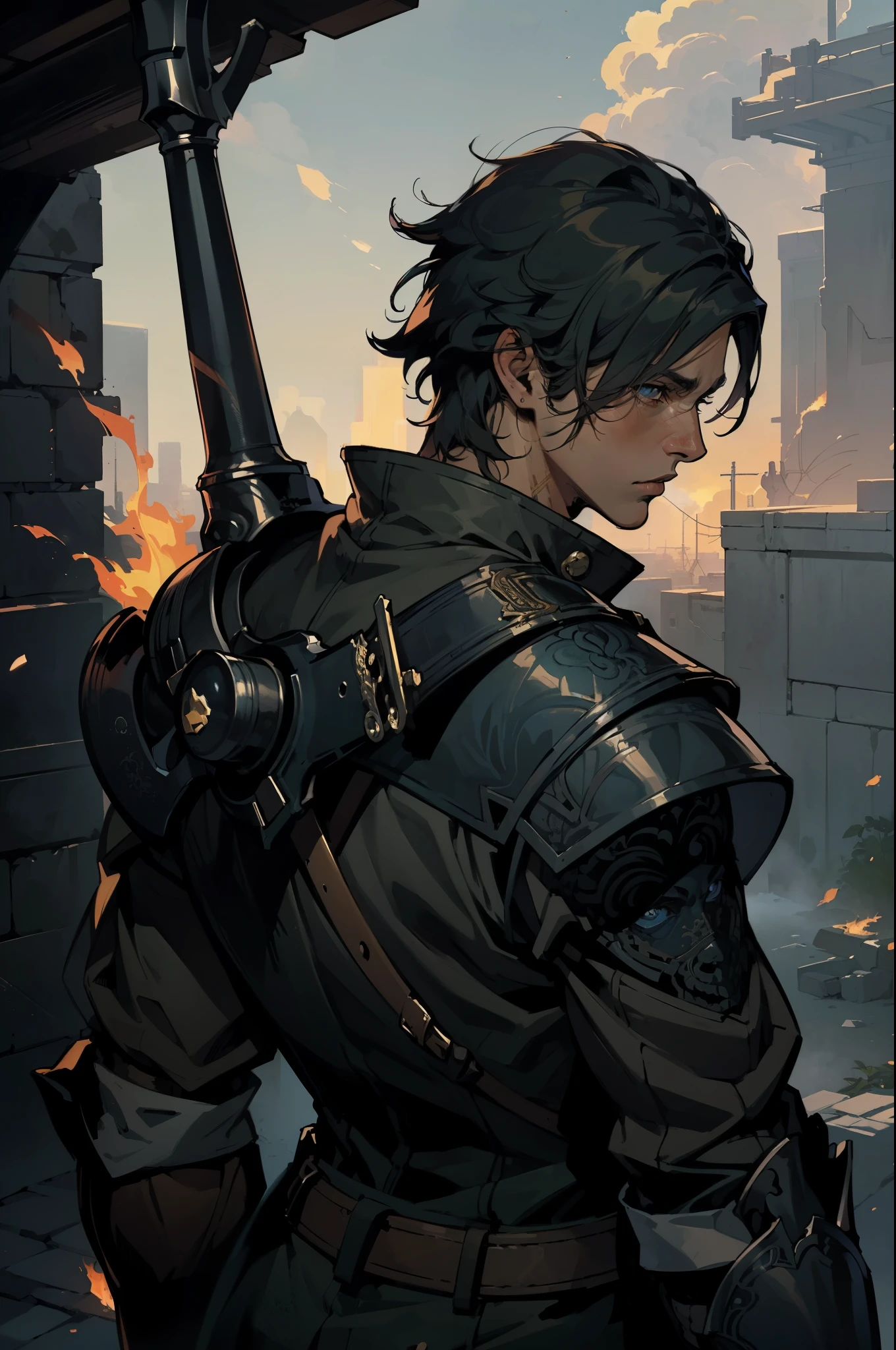 (absurdities, High Resolutions, ultra detailed, HDR), Masterpiece, The best quality, final fantasy xvi, clive rosfield, 1man only, handsome, short hair, black hair, vibrant blue eyes, fine eyes and detailed face, (((fire, llamas, To his back)) armor, ((Intricate weapon)). Final Fantasy, clive rosfield,, abs, badass pose, Anime boy with hands on head, Beautiful anime pose, Anime hombre handsome, anime male character, Badass Anime 8K, Detailed anime character art, HDR Anime MacManus Anime Concept, anime boy, Ikuto Yamashita, CG anime soft art, manga wallpaper 4k, inspired by Yamagata Hiro, anime wallaper
