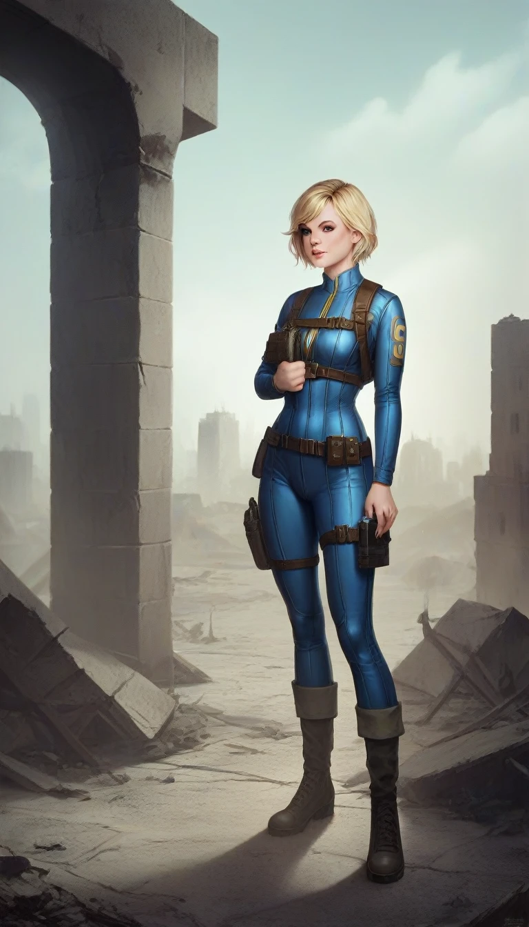 1girl, Heather Mason (Silent Hill 3), blonde hair, short hair, vault jumpsuit (fallout games), long sleeves, holster, standing, city ruins background, high resolution, masterpiece, photorealistic, (ultra detailed facial features:1.5)