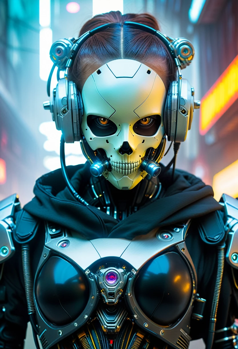 Close-up of a (((Cybernetic girl))) adorned with robotiec elements, blending seamlessly into a cyberpunk environment, (mysterious) and (brutal) ambiance, (masterpiece) of lifelive art, skull mask