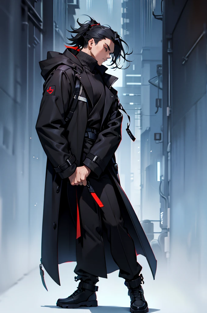 nijistyle, full body ,man hacker, long black coat, black hair, simple background