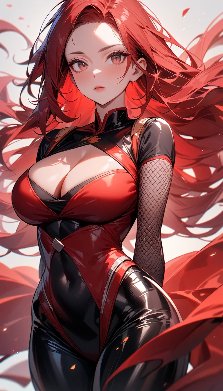 1girl,solo,super detailed skin,shiny skin,expressionless face,red hair,forehead,long hair ,eyelashes,lips gloss ,large breasts,fullbodysuit,fishnet arms,cleavage cutout,ninja clothes ,arms behind back,cowboy shot,wind magic,simple background,masterpiece,best quality,ultra detailed,high resolution,sharp focus