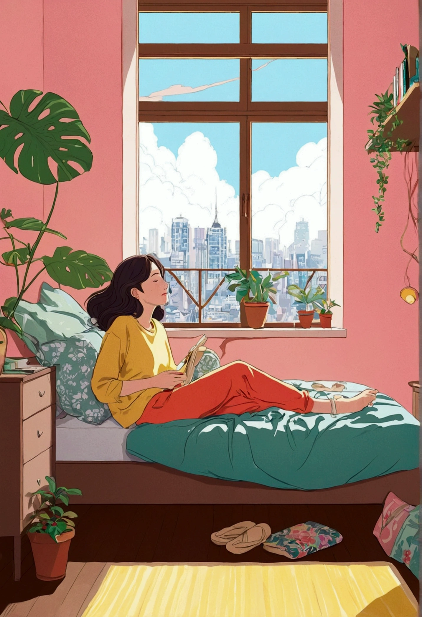 Spend time in your room、Please give me an illustration of a lazy woman