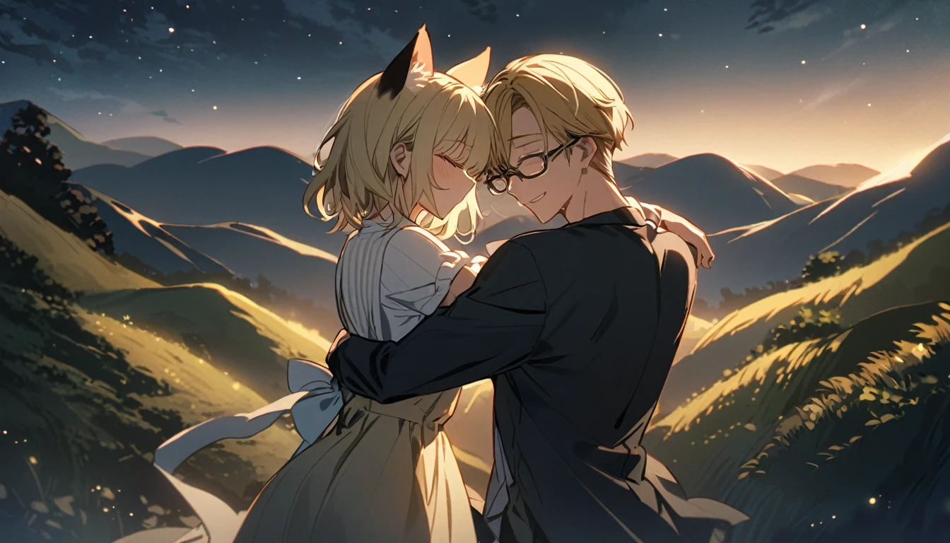 two people, one boy one girl, both are blond hair, the girl has cat ears, the boy wear glasses, the girl is crying, the girl hugs the boy, boy back to the viewer, night, standing, closing eyes, hills
