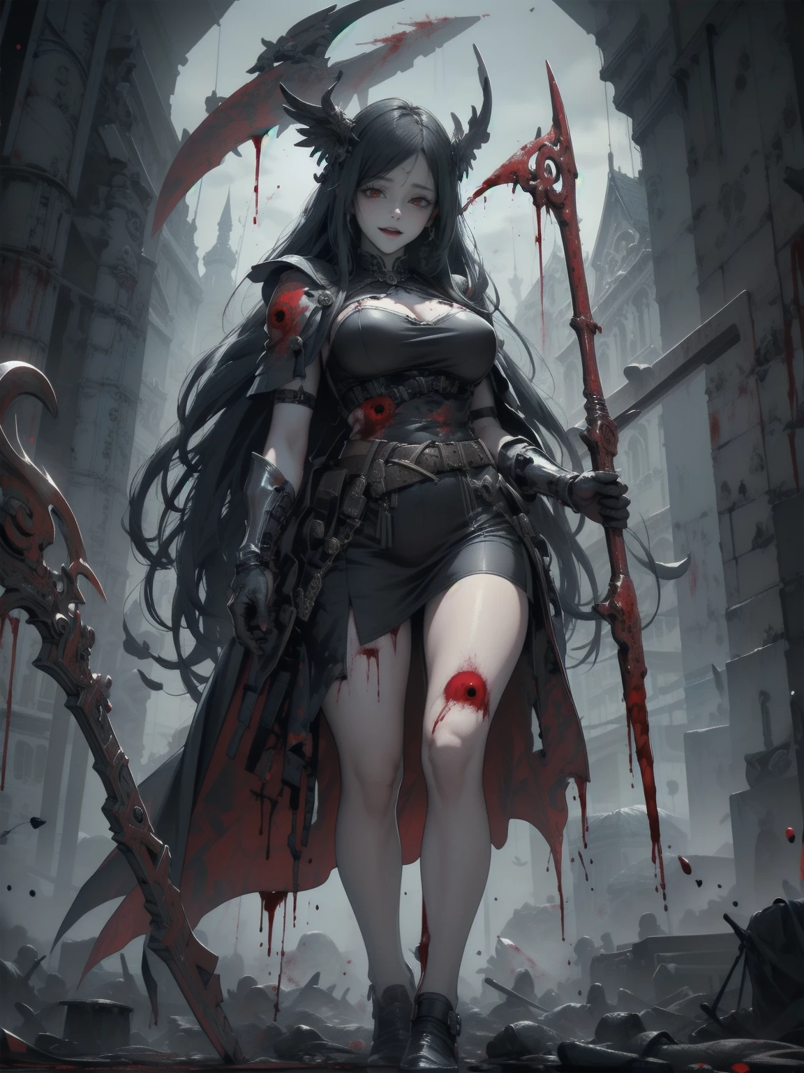 (Highest quality,4K,High resolution,masterpiece:1.2),Very detailed,Realistic:1.37,Spooky altar background,Dark fantasy,Red color scheme,Ominous atmosphere,Eye-catching,Storytelling,anatomy,Anime Style,Concept Art,beautiful細部までこだわった顔と (((Red eyes ))),A terrifying ritual ,Ritual of sacrifice,Premature death,Improper behavior,クレイジーなsmile,Scythe Face,Girl Monster, beautiful, Delicate facial features, Sharp Eye, Sharp Fangs, Pale skin, Thick chain, Dark Background, Cinema Lighting, Dramatic Shadows, Gothic style, Gloomy atmosphere, Dark fantasy, One Girl, , Please open your mouth wide, Open your mouth and baring your teeth,Sharp teeth like a beast, Wide lips, very wide mouth, Vermilion cheeks, ,(Blood splatter:1.5),Scary smile, smile,Design of the Battle Maiden Valkyrie, Twisted smile、Bloody、bleeding from the head,,,,、Blood splatter、,(Blood splatter:1.5),, Valkyries, the warrior maidens enshrined in armor, Bloodborne inspired valkyrie,, skull,Horror Style, ((Valkyrie Armor Costume)), ((Flowing black hair)), ,(Blood splatter:1.5),Female curves,  Perfect hands, Perfect anime face,  Are standing, ((邪悪なsmile)), ,(Blood splatter:1.5), Steam circulates, Moonlight Illumination, night lighting, disaster々New murder weapon,,(Blood splatter:1.5),Valkyrie&#39;s Armor Design, Twisted smile、Bloody、bleeding from the head,,,,、Blood splatter、,(Blood splatter:1.5),, skull,Gothic architecture、Western architecture、Fantasy World、,Victorian cities, Skeleton Gas Light,