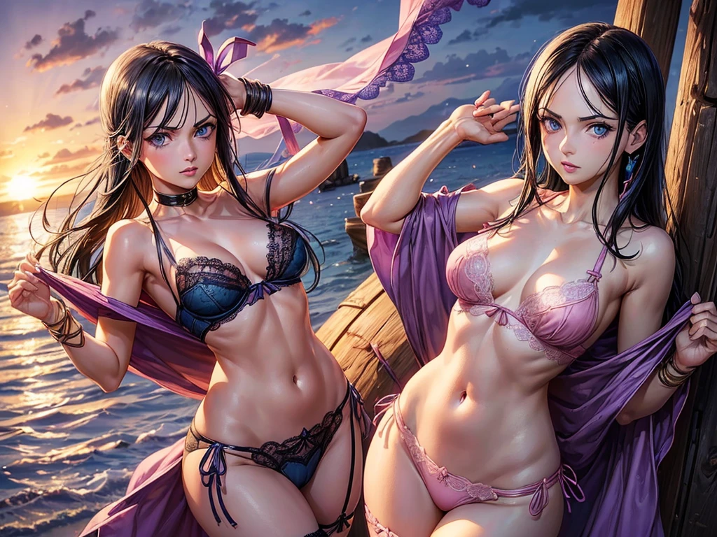 (((Nico Robin))), ((depic 30 years old girl)), (pirate girl), (((top-quality, masterpiece))), 4k, HD, one girl, (((dark hair pulled back))), nice hips, Masterpiece, Excellent, complex details, delicate girl, delicate face, sassy, confident, (((cute and sofisticate purple lace lingerie))), (((pink ribbons lingerie))), ((big breasts)), thin, very tight waist, (((deep light blue eyes))), ((almond shaped eyes)), sexy pose, clavicle, bare arms, flat belly, standing, sunset, beach, caribean pirate atmosphere