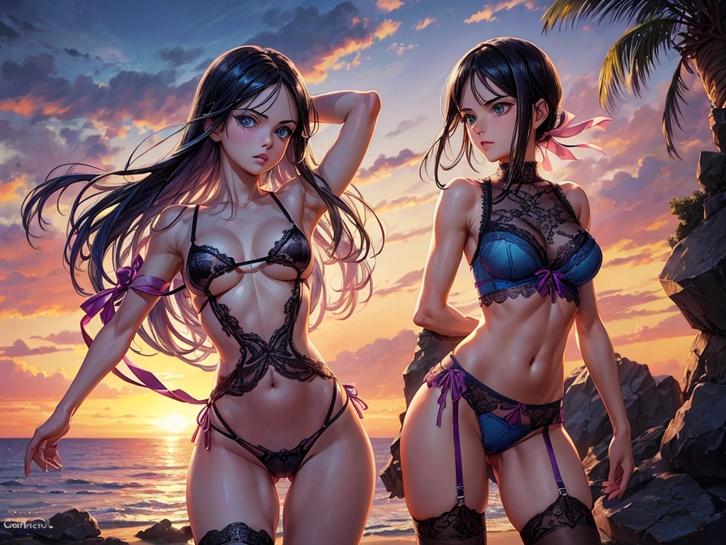 (((Nico Robin))), ((depic 30 years old girl)), (pirate girl), (((top-quality, masterpiece))), 4k, HD, one girl, (((dark hair pulled back))), nice hips, Masterpiece, Excellent, complex details, delicate girl, delicate face, sassy, confident, (((cute and sofisticate purple lace lingerie))), (((pink ribbons lingerie))), ((big breasts)), thin, very tight waist, (((deep light blue eyes))), ((almond shaped eyes)), sexy pose, clavicle, bare arms, flat belly, standing, sunset, beach, caribean pirate atmosphere