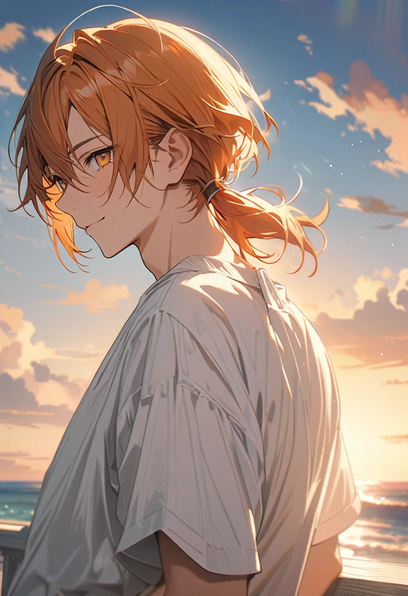 good looking, alone, 1 male, Medium Hair, Low Ponytail, Bright orange hair, Captivating hazel eyes, White shirt、Beautiful views、Ocean、Friendly smile、High resolution, Super detailed