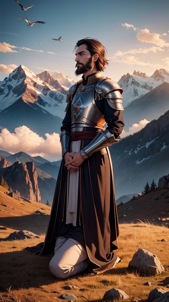 Tall, thin man, short hair and beard, wears sacred armor, on his knees praying, mountains, sky, cloud, birds, twilight.