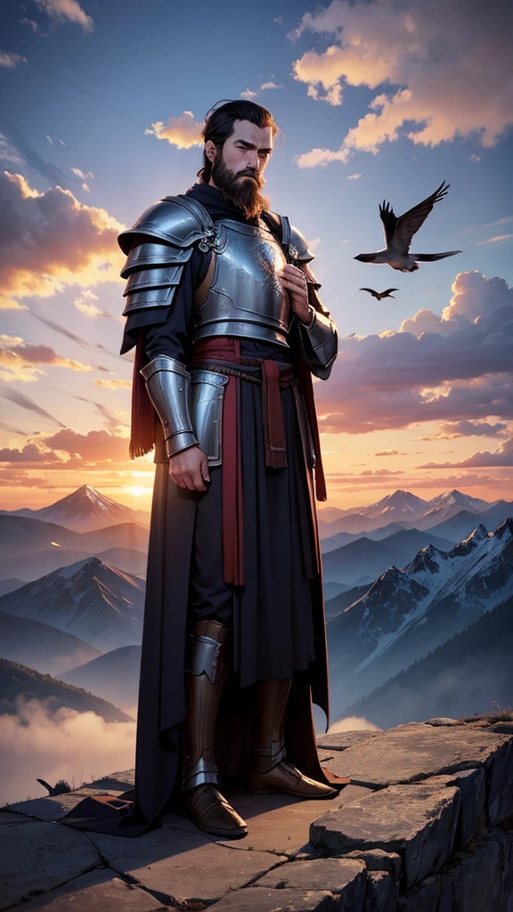 Tall, thin man, short hair and beard, wears sacred armor, on his knees praying, mountains, sky, cloud, birds, twilight.