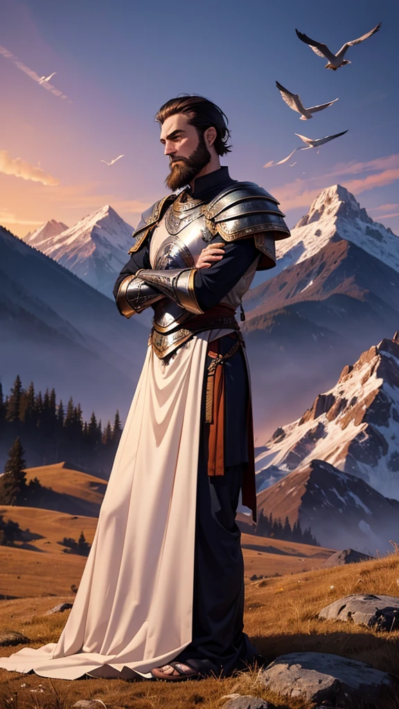 Tall, thin man, short hair and beard, wears sacred armor, on his knees praying, mountains, sky, cloud, birds, twilight.