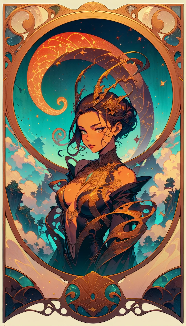 ((best quality)) , ((masterpiece)) , (detailed),Jean-Joseph Benjamin-Constant, Glowwave, Photograph, Jake Parker, Alan Davis, Hipster Art, Cleancore, Art Deco Girl, Monstrous and Boring, Swirling, Metalcore, Film Washi, portrait art by Stanisław Ignacy Witkiewicz, detailed, intricate, background inspired, luxury, pure,(((art nouveau style , elegant, decorative, curvilinear forms, nature-inspired, ornate, detailed)))