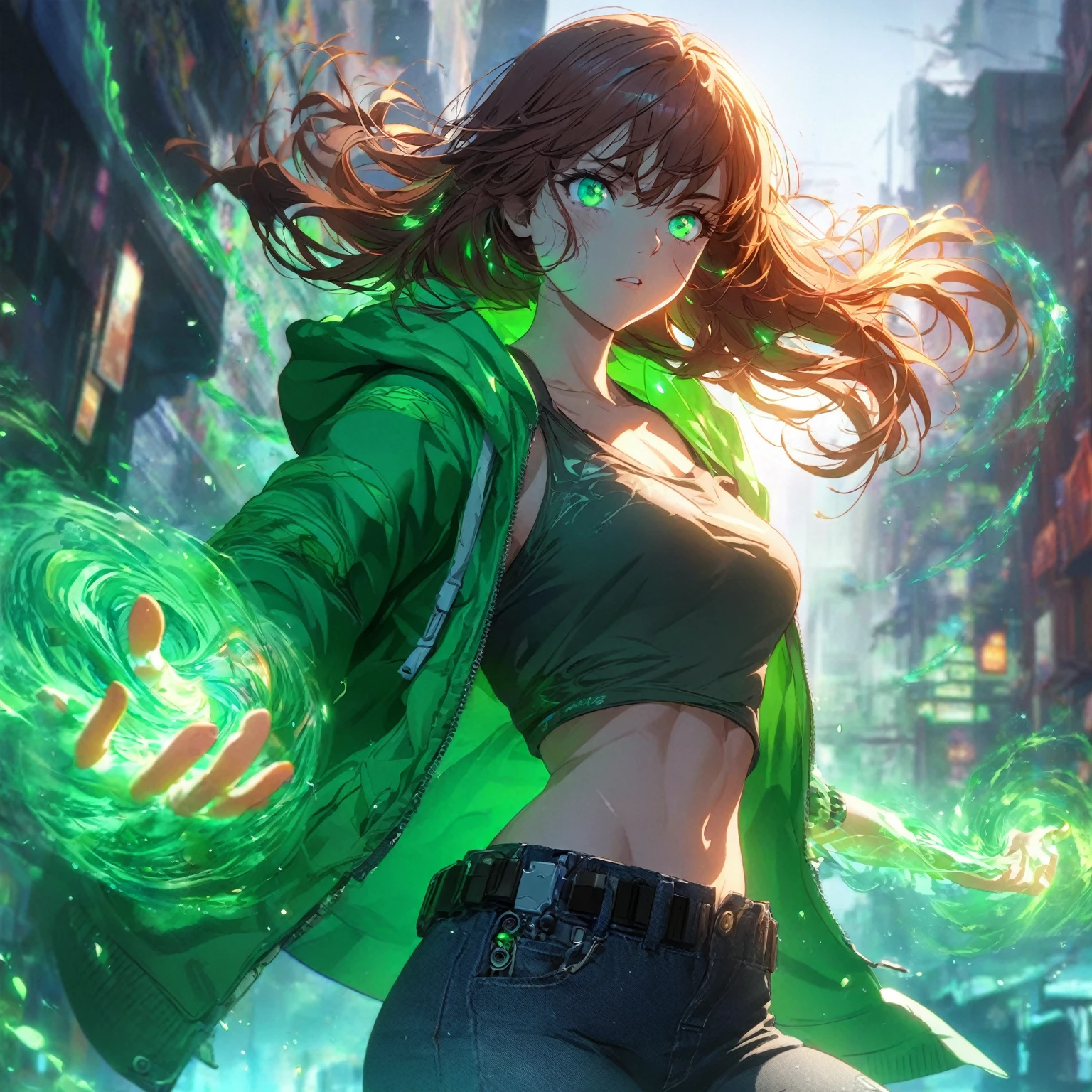 A girl that has a lean, athletic build, vibrant green eyes, and shoulder-length auburn hair, she wears a casual outfit consisting of a fitted green hoodie with subtle energy patterns, mechanical parts integrated into her outfit, (nude:0.8) dark jeans, and sneakers, her skin has a slight luminescent quality when using her powers, her hands are often surrounded by a visible, swirling green energy, and she carries a small, tech-enhanced wristband that amplifies her abilities, detailed gorgeous face| anime style| key visual| intricate detail| highly detailed| breathtaking| vibrant| panoramic| cinematic| Carne Griffiths| Conrad Roset| gibbli 8k.