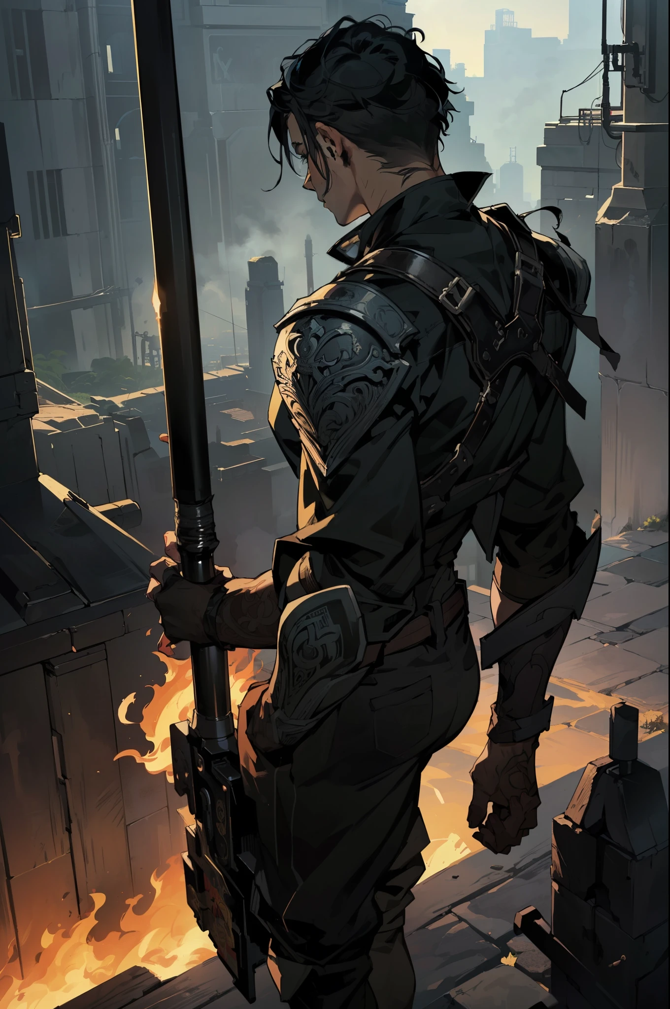 (absurdities, High Resolutions, ultra detailed, HDR), Masterpiece, The best quality, final fantasy xvi, clive rosfield, 1man only, handsome, short hair, black hair, vibrant blue eyes, fine eyes and detailed face, (((fire, llamas, To his back)) armor, ((Intricate weapon)). Final Fantasy, clive rosfield,, abs, badass pose, Anime boy with hands on head, Beautiful anime pose, Anime hombre handsome, anime male character, Badass Anime 8K, Detailed anime character art, HDR Anime MacManus Anime Concept, anime boy, Ikuto Yamashita, CG anime soft art, manga wallpaper 4k, inspired by Yamagata Hiro, anime wallaper