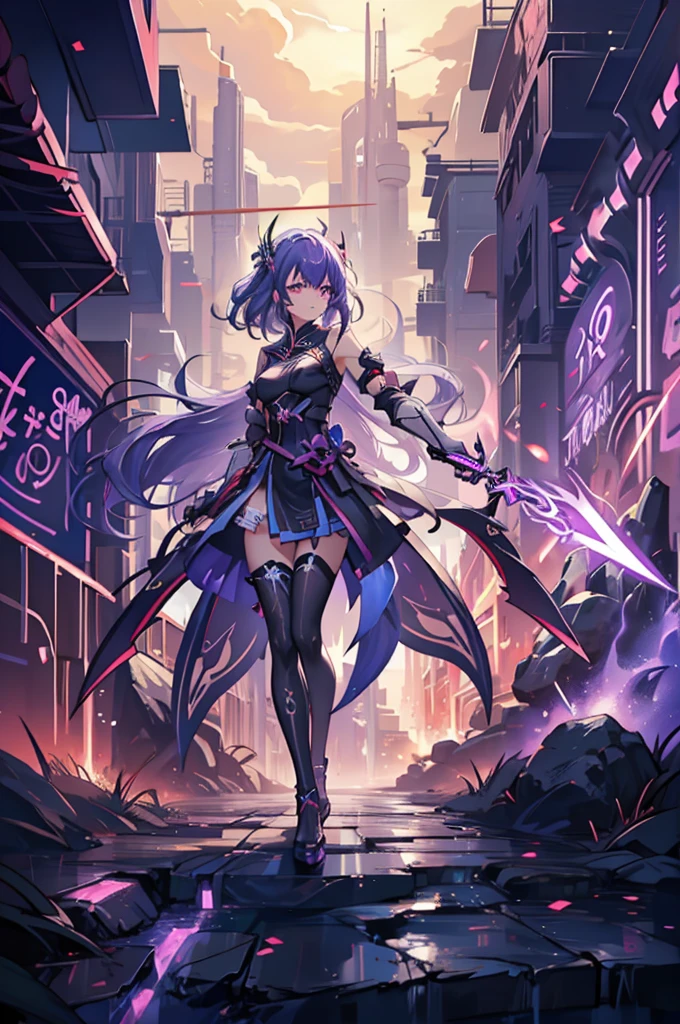 1girl, Raiden Mei, ((model:Raiden_Mei_Herrscher_Of_Thunder)), a skilled warrior known as the 'Electra's Fury', is a force to be reckoned with on the battlefield. Her attire, a striking combination of black and red, matches the fierce intensity of the purple lightning bolt that serves as the backdrop for her victories. Wielding her trusty sword, she conjures the power of the elements, summoning bolts of electricity to strike down her foes. Her eyes gleam with an inner fire, and her presence is accompanied by the whispers of the ancient art of elemental control. Her ultimate goal is to harness the full potential of her unwavering determination and unrelenting passion.
