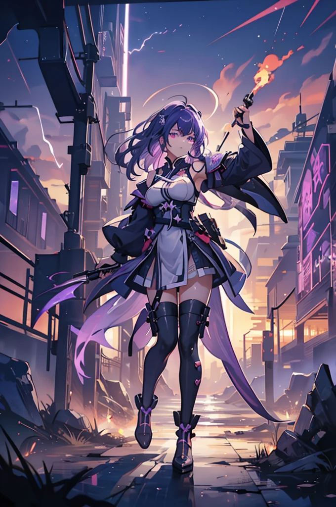 1girl, Raiden Mei, ((model:Raiden_Mei_Herrscher_Of_Thunder)), a skilled warrior known as the 'Electra's Fury', is a force to be reckoned with on the battlefield. Her attire, a striking combination of black and red, matches the fierce intensity of the purple lightning bolt that serves as the backdrop for her victories. Wielding her trusty sword, she conjures the power of the elements, summoning bolts of electricity to strike down her foes. Her eyes gleam with an inner fire, and her presence is accompanied by the whispers of the ancient art of elemental control. Her ultimate goal is to harness the full potential of her unwavering determination and unrelenting passion.