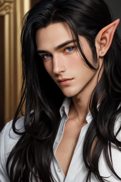 a close up of a man with long hair and blue eyes, handsome stunning realistic, handsome male, attractive male, wonderful dark hair, beautiful male face, long dark hairs, beautiful young man, with long hair and piercing eyes, shoulder-length black hair, young with long hair, handsome face, perfect handsome face, handsome attractive face, with long dark hair, elf