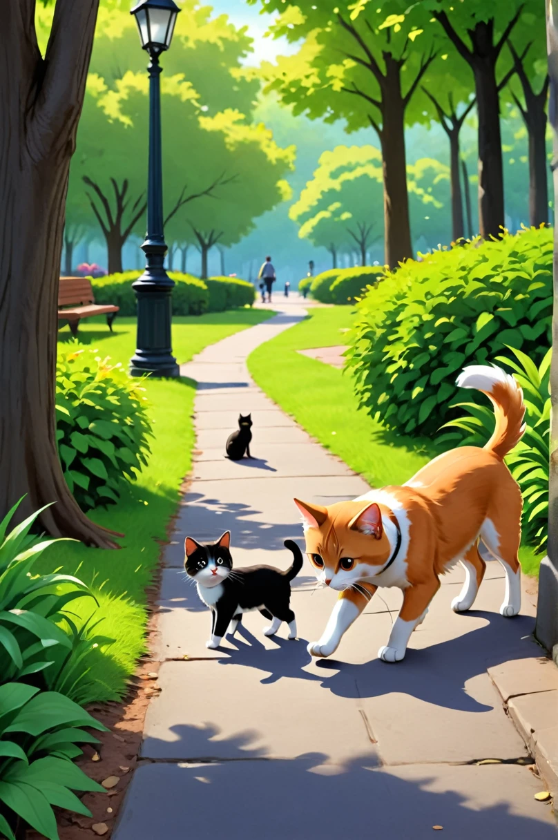 The tiny dog barks down to save the tiny cat. People walking in the park hear this sound and notice the tiny cat. 