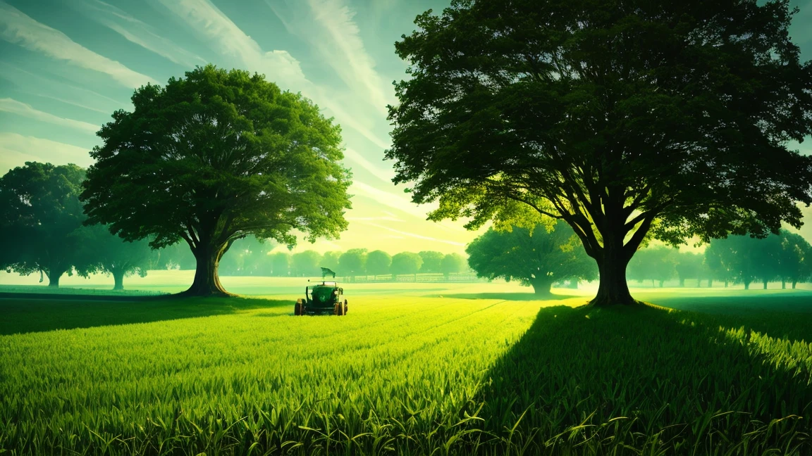 a farmer in his field, glowing green ground, tractor visible, tree with eyes, detailed character design, intricate machinery, surreal landscape, vibrant colors, digital art, cinematic lighting, photorealistic, masterpiece, 8k, high quality