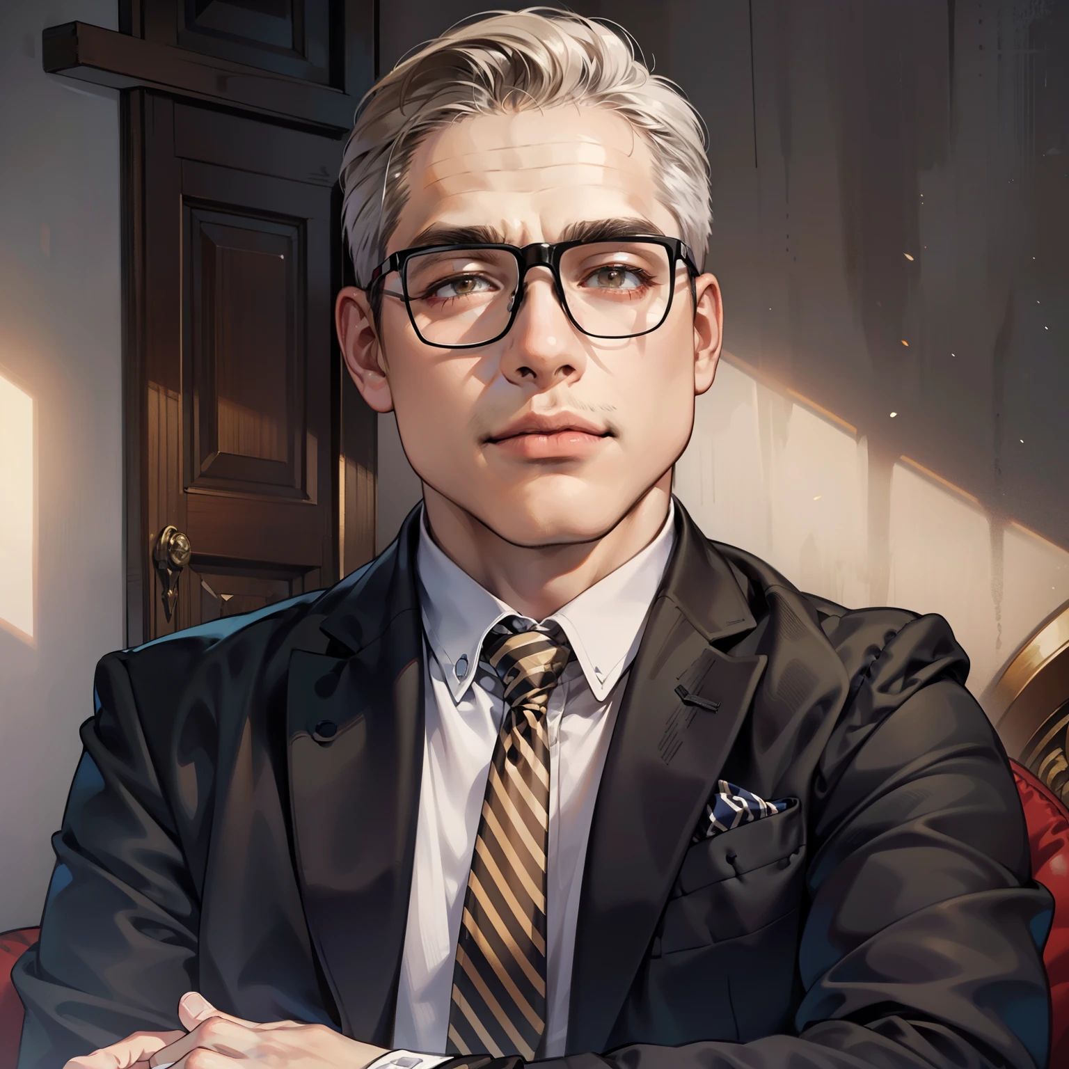 masterpiece, best quality, realistic, 1man, mature male, quiet and charming young man, 41 year old, serious look, closed mouth, portrait, extremely detailed face, cold smile, ((dark brown eyes)), ((short-right-swept dark white hair)), [thick eyebrows], ((suit)), handsome, full body, western, Jewish, light brown skin,