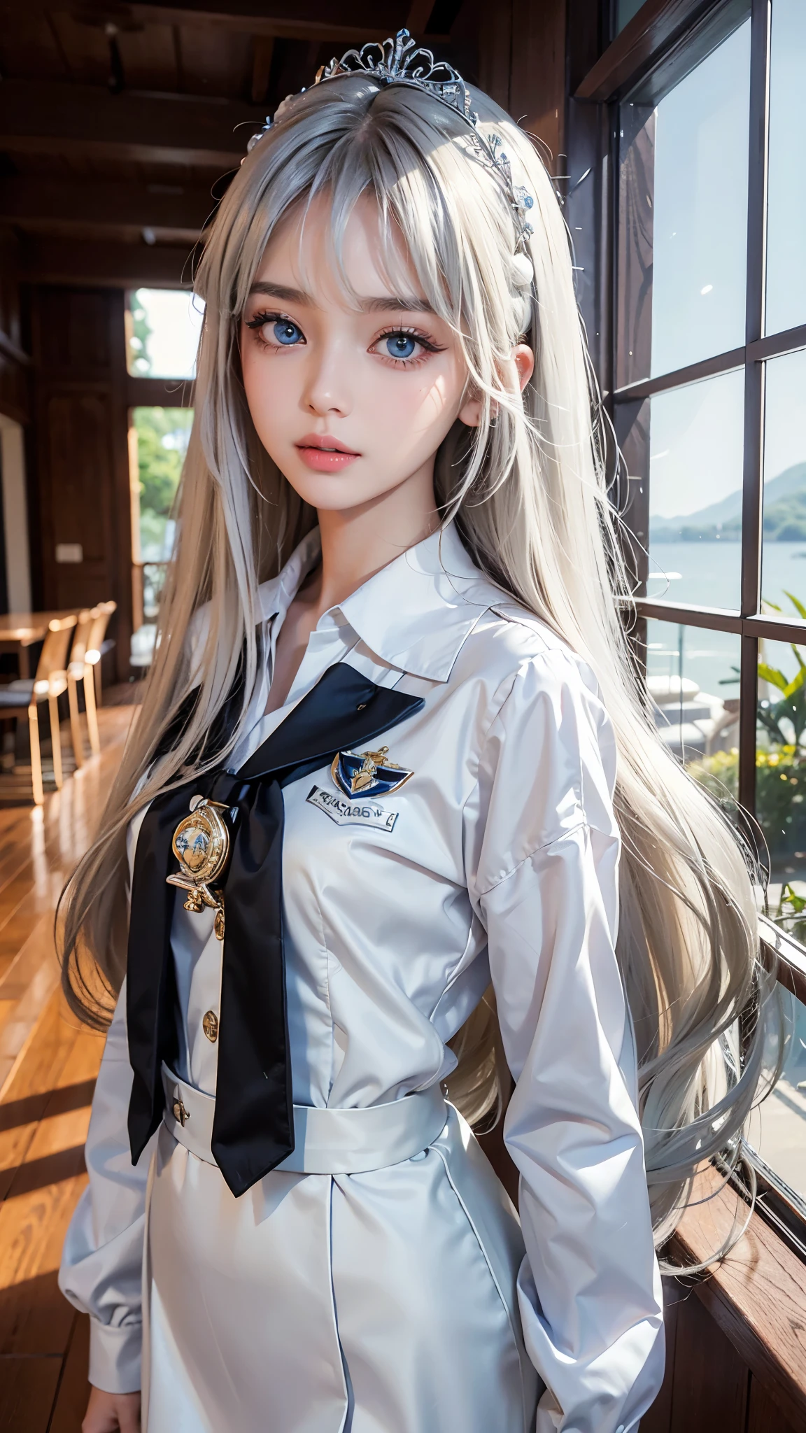 8K maximum resolution, (masterpiece), ighly detailed, Professional、de pele branca、Gloss Face、Teak Gloss、eye liner、Small face beauty、Looking at the camera、Perfect beauty、beautiful girl of 20 years old、Sexy little beautiful face、Pretty Face、Her long, Her tousled hair dances in front of her beautiful face..、long silky bangs covering the eyes、Proud super long silky pearl blonde straight hair、Sexy cute young woman、Super Long Silver Hair))、 large pale white marine blue eyes、School Uniforms