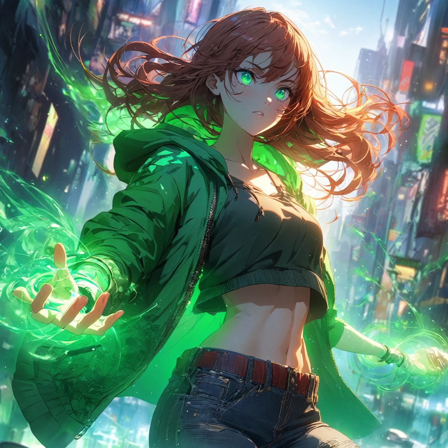 A girl that has a lean, athletic build, vibrant green eyes, and shoulder-length auburn hair, she wears a casual outfit consisting of a fitted green hoodie with subtle energy patterns, mechanical parts integrated into her outfit, (nude:0.8) dark jeans, and sneakers, her skin has a slight luminescent quality when using her powers, her hands are often surrounded by a visible, swirling green energy, and she carries a small, tech-enhanced wristband that amplifies her abilities, detailed gorgeous face| anime style| key visual| intricate detail| highly detailed| breathtaking| vibrant| panoramic| cinematic| Carne Griffiths| Conrad Roset| gibbli 8k.