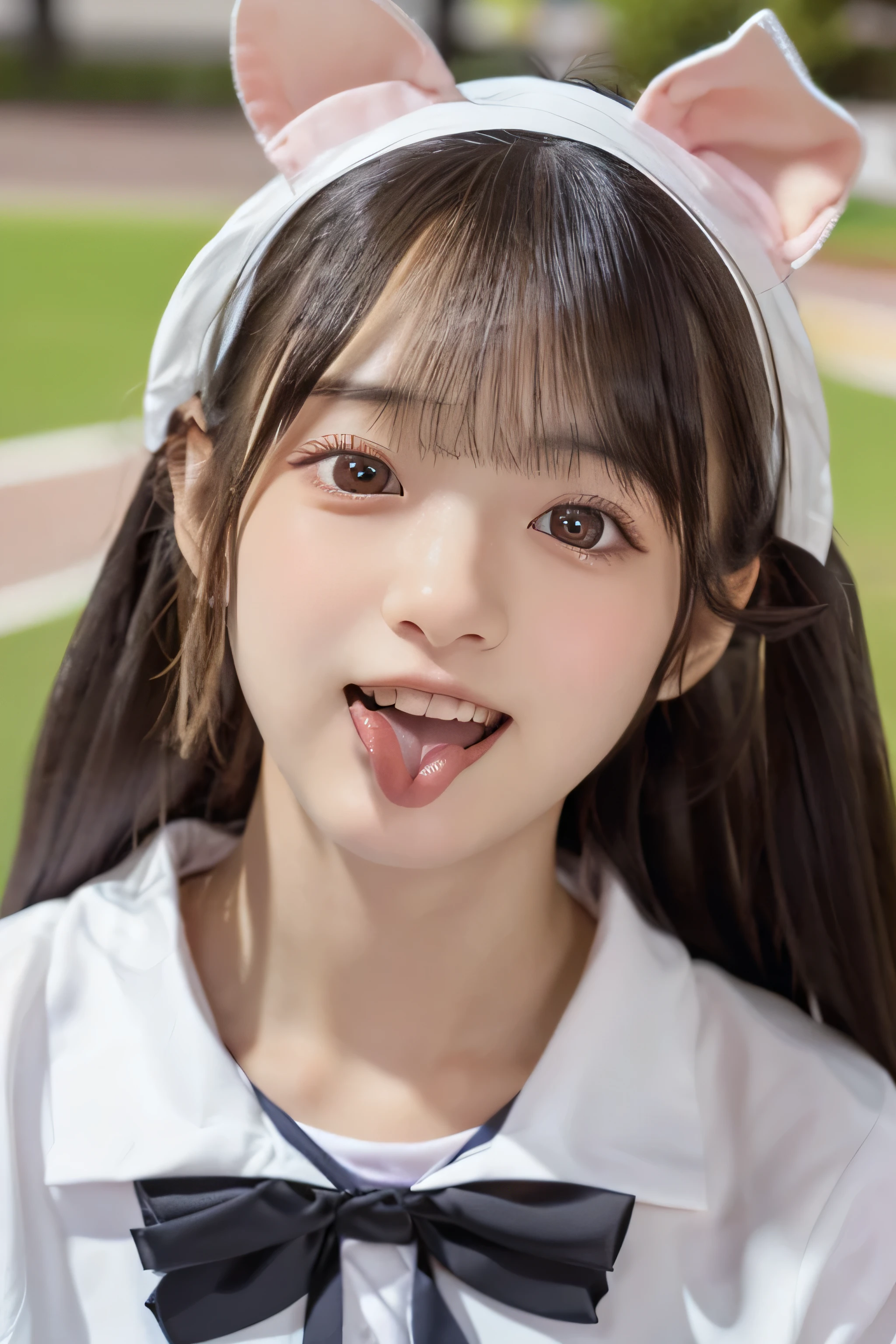 (Highest Resolution, clear_Image 1.2) 、(Beautiful girl with golden ratio face)、(-yeld gi、(Very lively eyes、wolf eyes 1.2)、wonderful, Tabletop, Attention to detail, Lip gloss、(((Twin-tailed rabbit style)))、Very beautiful girl、 alone, Beautiful girl like a model、(Long sleeve sailor suit、Very fine pleated scarf, Beautiful and exquisite, Attention to detail nose,((((Licking tongue)))、Top quality photo masterpiece、Incredible photo realism、Surrealist female portraits by David Hockney and Alphonse Mucha,(((Looking into the camera)))、((((Serious Eyes)))、(((Add highlights to the eyes)))、(((Looking into the camera)))、幸せそうにsmile,Perfect Makeup,smile,(14-year-o gi(Veryvely eyes、wolf eyes 1.2)、