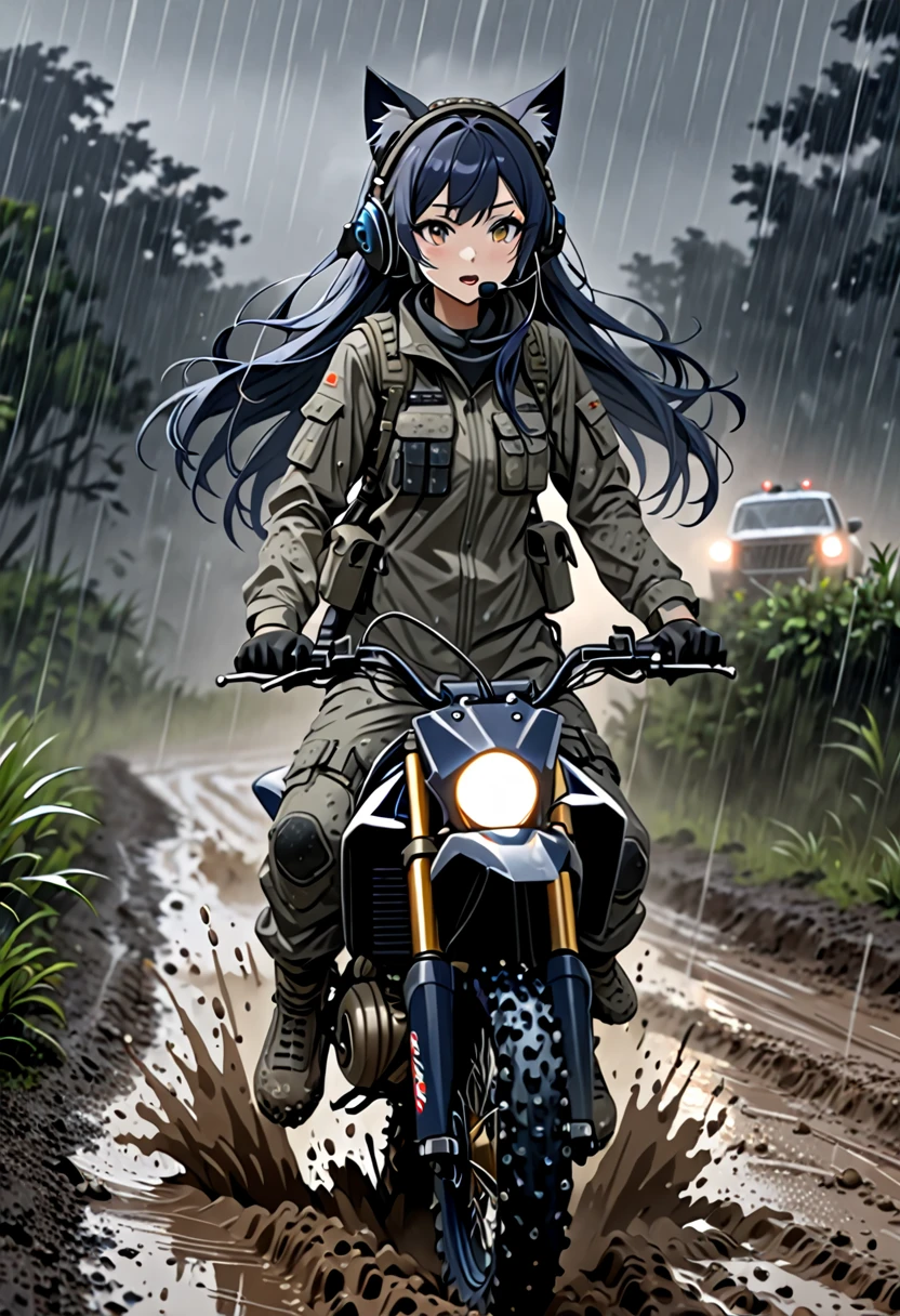 8K Ultra High-Quality, ultra-detailed, High quality, Dark Blue hair, Long hair, Headset, Goggles, cat girl, Grey Tactical clothes, Military clothes, dark skies, fog, muddy road, heavy rain, dirt bike