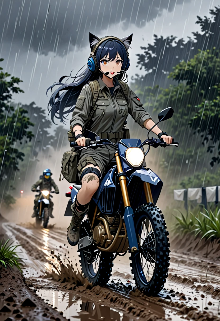 8K Ultra High-Quality, ultra-detailed, High quality, Dark Blue hair, Long hair, Headset, Goggles, cat girl, Grey Tactical clothes, Military clothes, dark skies, fog, muddy road, heavy rain, dirt bike
