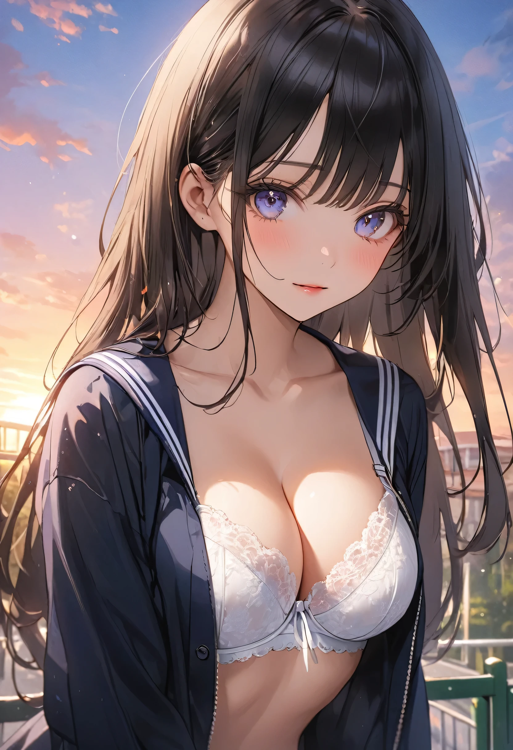 ((Highest quality))、((masterpiece))、(detailed)、((Anatomically correct))、(High resolution、8K)、One Woman、aldult、adult、look at me、Turn your body forward、(Ultra-glossy skin with attention to detail:1.1)、Glowing Skin、bangs、Long Hair、Straight Hair、Black Hair、Hair fluttering in the wind、(Beautiful Eyes:1.1)、Slender、Sailor suit、Open shirt、(White lace bra:1.2)、F Cup、Cleavage、Close up of cleavage、School、school gate、evening、Beautiful sunset