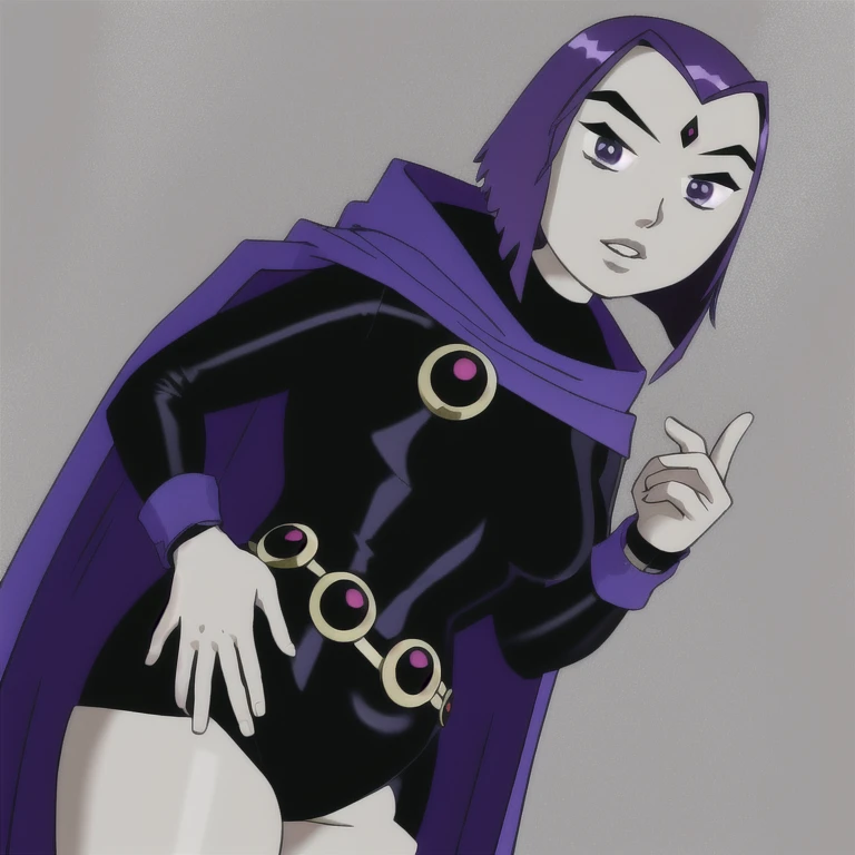 1girl,solo,RavenTT,navy-blue cloak, brooch, nude,short hair,purple hair, purple eyes,makeup,black lipstick,grey skin,wide hips,cameltoe,outdoor,park,smirk,spread pussy