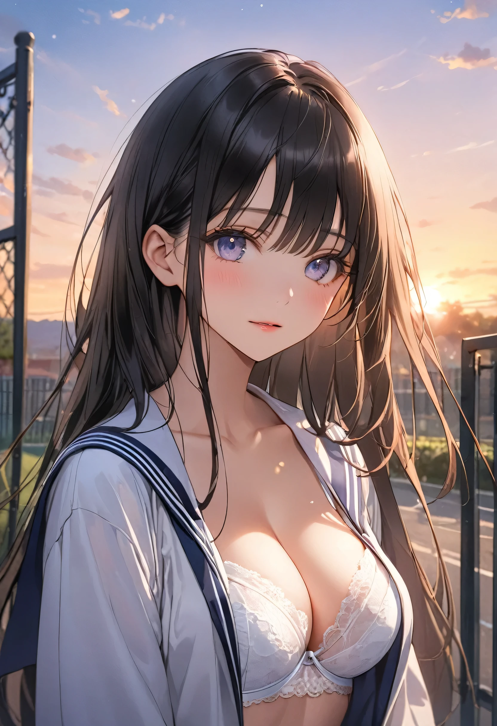 ((Highest quality))、((masterpiece))、(detailed)、((Anatomically correct))、(High resolution、8K)、One Woman、aldult、adult、look at me、Turn your body forward、(Ultra-glossy skin with attention to detail:1.1)、Glowing Skin、bangs、Long Hair、Straight Hair、Black Hair、Hair fluttering in the wind、(Beautiful Eyes:1.1)、Slender、Sailor suit、Open shirt、(White lace bra:1.2)、F Cup、Cleavage、Close up of cleavage、School、school gate、evening、Beautiful sunset