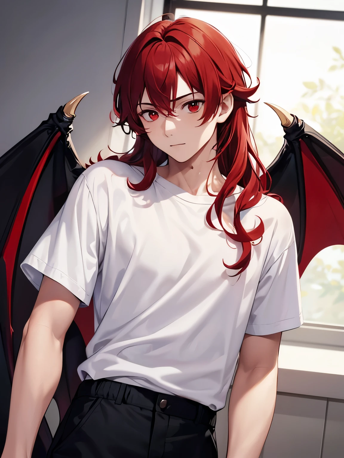 1boy,18 years old,Bat wings on his back,, looking away,cool,middle parted hairstyle,Curly hair, red hair, red eyes, long hair, vampire, handsome,,close up photo, close up photo,White t-shirt,Short sleeve t-shirt,,black trousers