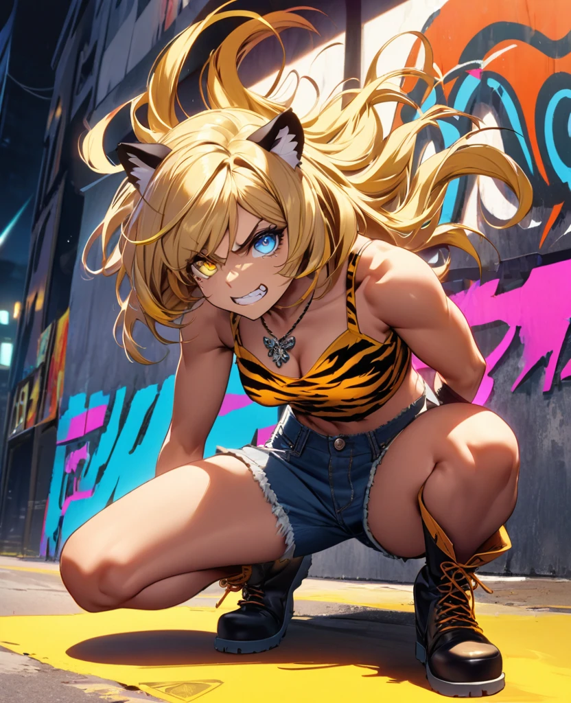 Face and Hair:Face: Sharp eyes with a combative expression. A challenging and confident grin with bared teeth.Hair: Blonde that stands out against sun-kissed skin. Styled in a trendy gal fashion with highlights and streaks.Eyes:Color: Heterochromatic (different colors for each eye). One eye blue, the other yellow.Build:Physique: Healthy and muscular. A proud and strong stance exuding power.OutfitTop:Design: Camisole with a tiger print to express strength and style.Bottom:Color: Denim hot pants, designed for mobility and strength.Footwear:Design: Chunky boots, stylish and giving an active impression.Accessories:Tiger fang motif necklace and bracelets. Additional gal-style accessories.Background and SettingBackground: Urban street or a slightly decayed city corner. Night scene with graffiti on building walls. The character's shadow forms the shape of a tiger.Situation: The character is depicted in a cowboy shot (from knees up to the head). Standing proudly, glaring around.Illustration EffectsLighting: Strong contrast to highlight the character’s presence. Balancing light and shadow in the night scene to create depth.Movement: Although stationary, the character should exude tension, as if ready to move at any moment. Muscles and facial expressions should convey dynamism. Small animals or butterflies fluttering around, interacting with the character.Color Contrast: Vivid blonde hair and sun-kissed skin, with contrasting heterochromatic eyes. Stylish combination of tiger print camisole, denim hot pants, and chunky boots. The world is colorful with red, white, and yellow hues.Texture: Realistic depiction of the textures of clothing and accessories, especially emphasizing the leather and denim to enhance the stylish atmosphere.Combining these elements will create an illustration of a gal-inspired girl with a tiger theme, combative and majestic.nsfw、コンセプトアート