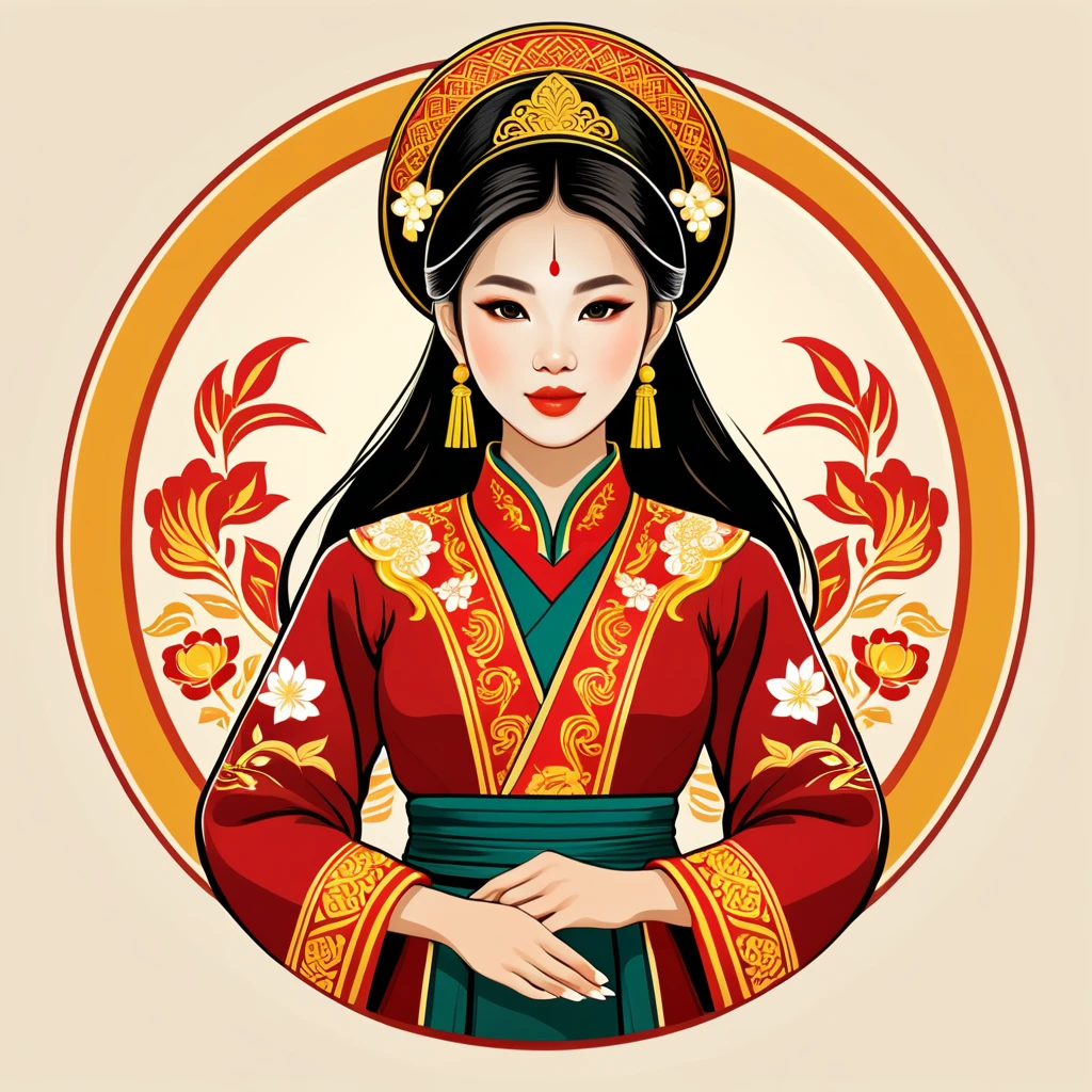 female enchanter in vietnamese folk outfit ,vector graphics, strong contours, logo design