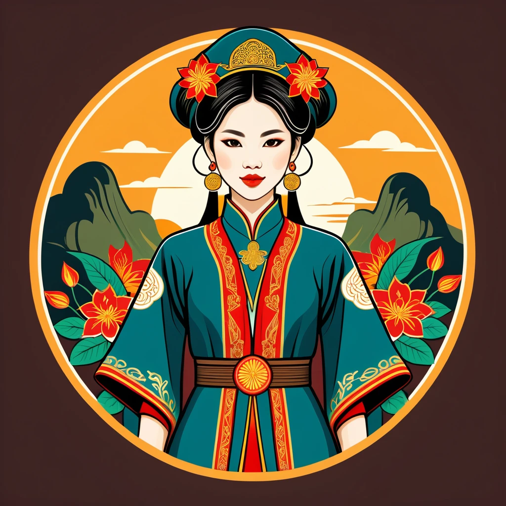 female enchanter in vietnamese folk outfit ,vector graphics, strong contours, logo design