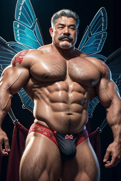 Hyperrealistic image of a Korean superhero with gray hair, burlesque dancer with two huge symmetrical butterfly wings, very old and very sweaty, bodybuilder over 80 years old, very muscular and fat, weighing more than 200 kilos with a naked torso, large and flaccid pectorals, brown nipples and big gray mustaches with huge tattooed arms dressed in red lace lingerie on a burlesque stage 