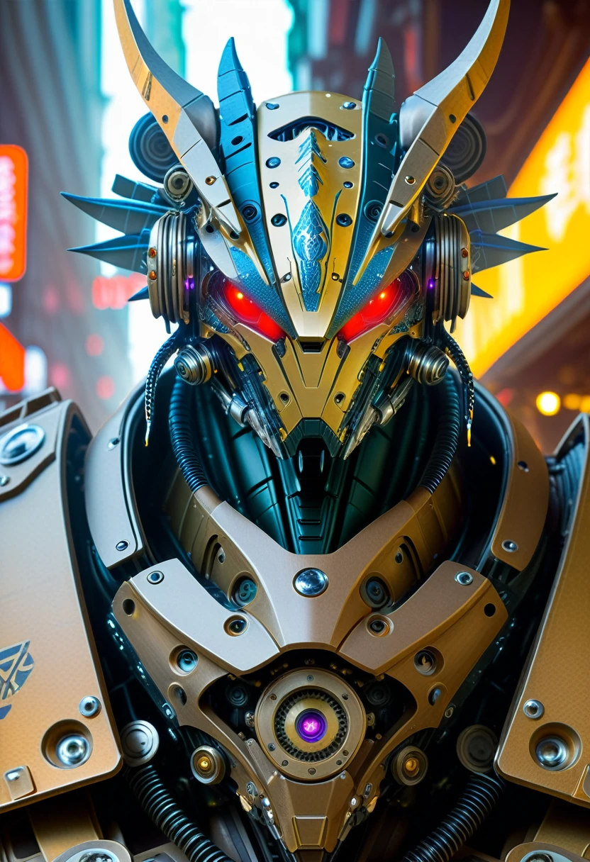 Close-up of a (((Cybernetic dragon))) adorned with robotiec elements, blending seamlessly into a cyberpunk environment, (mysterious) and (brutal) ambiance, (masterpiece) of lifelive art, mechanized military helmet details, ((looking straight into the viewer's eyes))