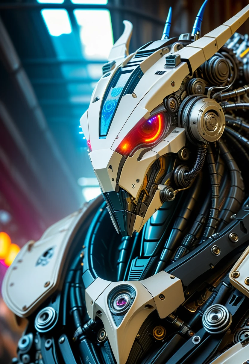 Close-up of a (((Cybernetic dragon))) adorned with robotiec elements, blending seamlessly into a cyberpunk environment, (mysterious) and (brutal) ambiance, (masterpiece) of lifelive art, mechanized military helmet details, ((looking straight into the viewer's eyes))