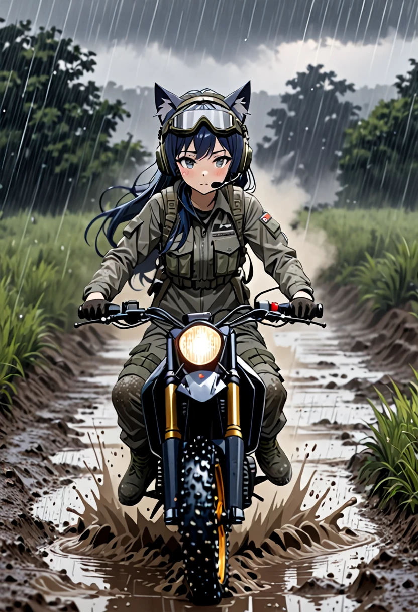 8K Ultra High-Quality, ultra-detailed, High quality, Dark Blue hair, Long hair, Headset, Goggles, cat girl, Grey Tactical clothes, Military clothes, dark skies, fog, muddy road, heavy rain, soaking wet, dirt bike, alone
