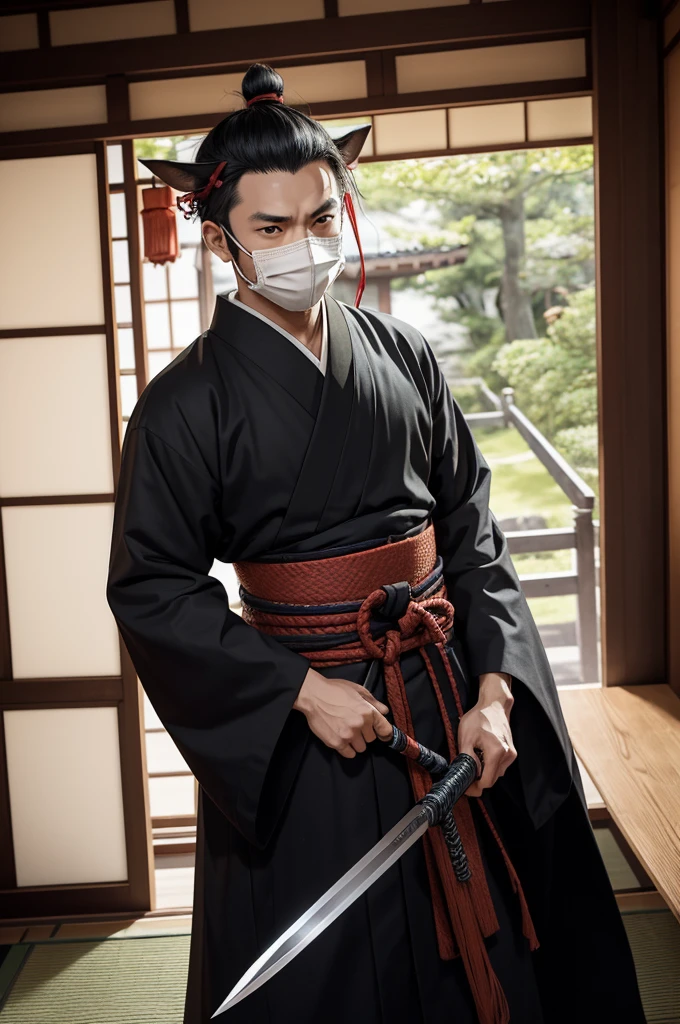 Inosuke Hashibira is a character from the anime series "Kimetsu no Yaiba" (also known as "Demon Slayer"). He is a young man who was raised by boars in the mountains and has adopted their mannerisms and appearance. He wears a boar's head as a mask and has a muscular build. He is a skilled swordsman and uses a unique breathing technique that allows him to fight demons. In this image, Inosuke is standing in a traditional Japanese house, holding a knife in his hand. He has a determined expression on his face, ready to fight any demons that may come his way.