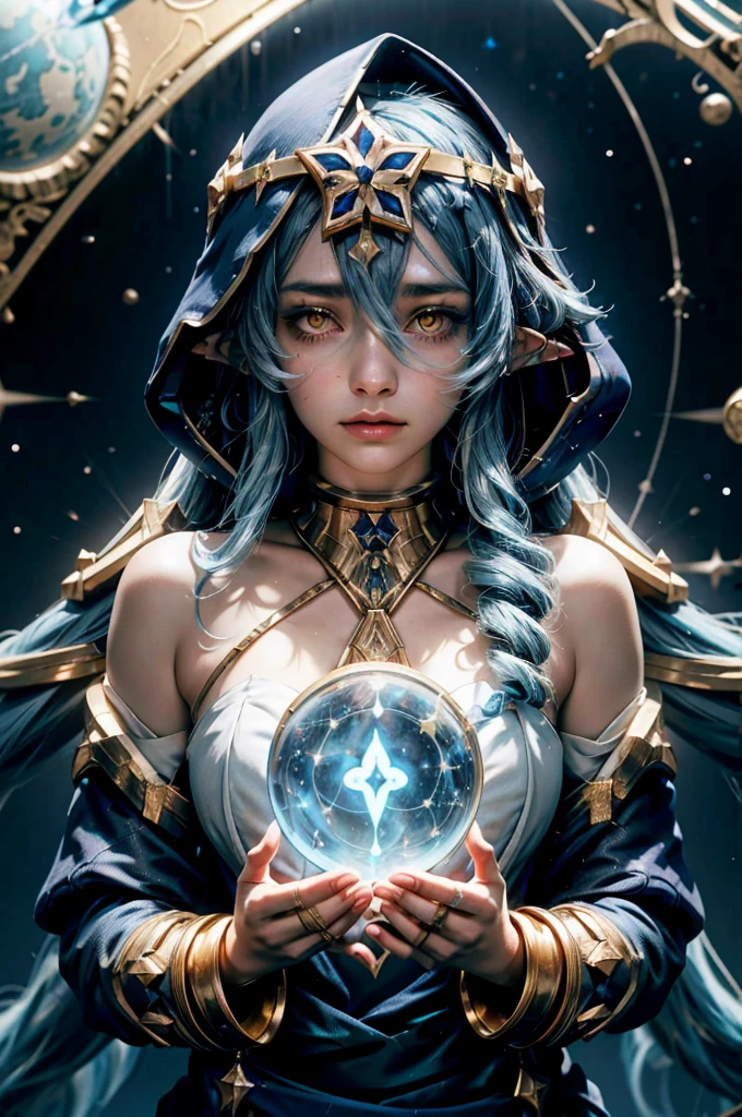 (1 girl solo, long flowy blue hair, yellow eyes, blue and white clothes, white leggings, blue hood, golden details and accessories, bare shoulders) ((portrait closeup shot, floating in space)) (masterpiece), (best quality:1.4), absurdres, [:intricate details:0.2], 1girl, Flowing robes, intricate magical circles, glowing map of the stars and constellations and galaxies, shimmering aura, intense focus, arcane incantations, crackling energy, levitating artifacts, flickering candles, swirling mist, sparkling stars, mystical crystals, glowing sigils, otherworldly chanting, mysterious symbols, powerful invocation, transcendent awareness, cinematic light, cinematic shot, dramatic shot, movie poster aestethic