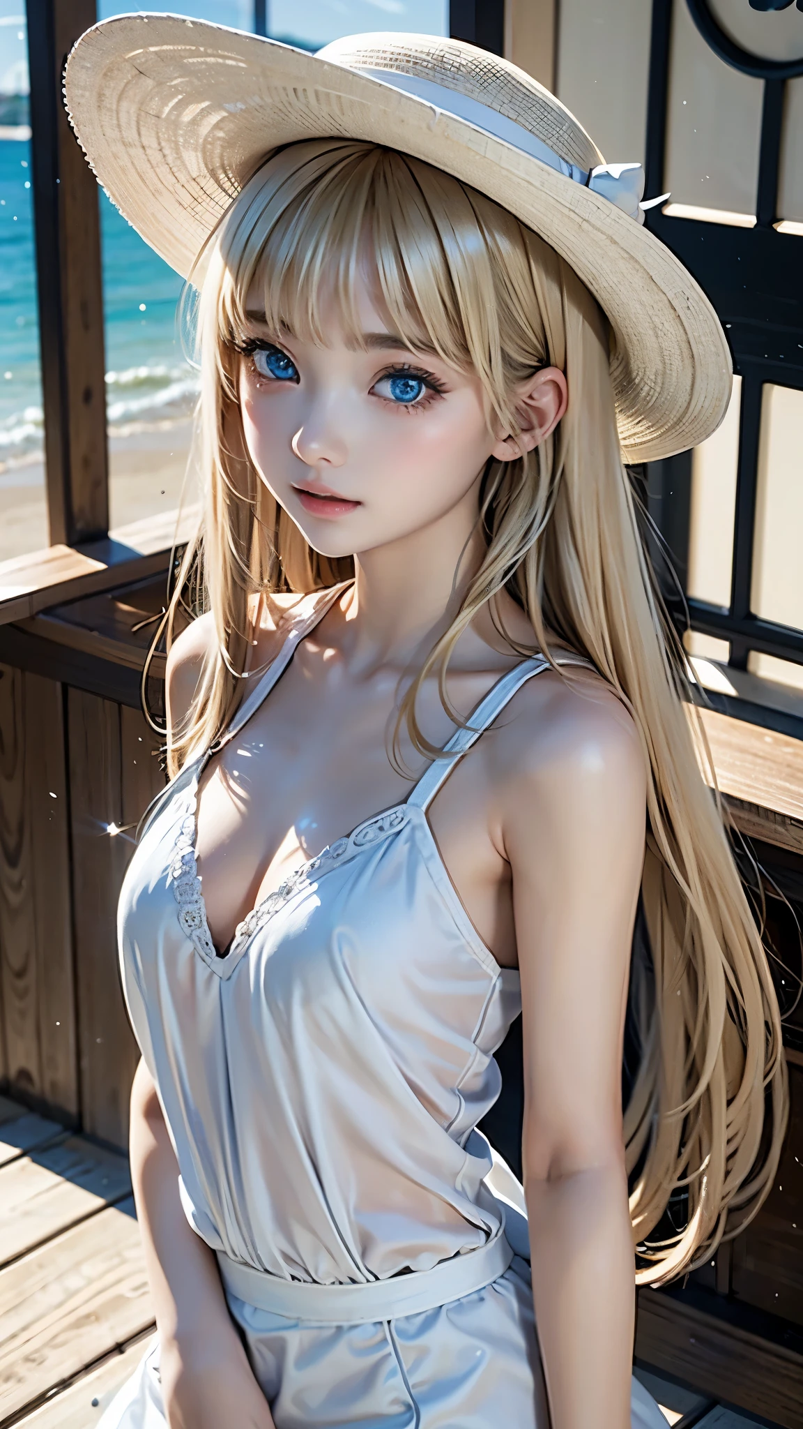 masterpiece,Highest quality,Very detailed,beautiful girl, teenager, (full body),Blonde,Beautiful and detailed eyes,blue eyes,Beautiful Skin,skinny,Dynamic,White dress,hat,Midsummer Beach